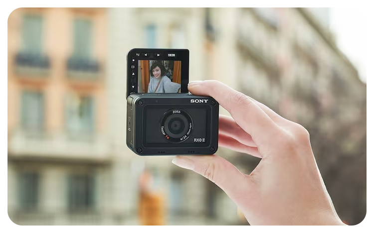 Sony RX0 II Camera with screen flipped up screen for vlogging and selfies